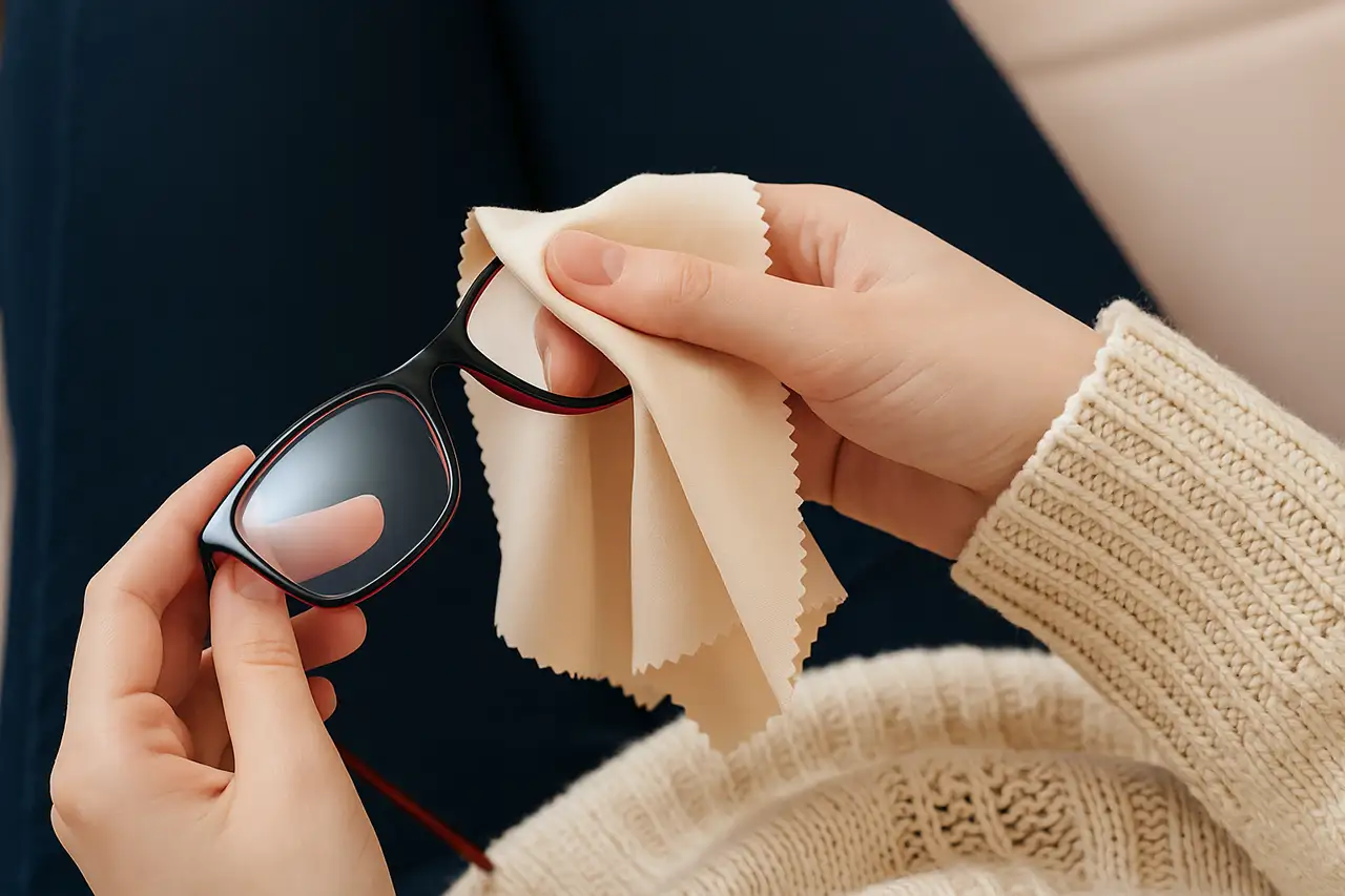 Person reinigt eine Brille mit einem Mikrofasertuch in Nahaufnahme
