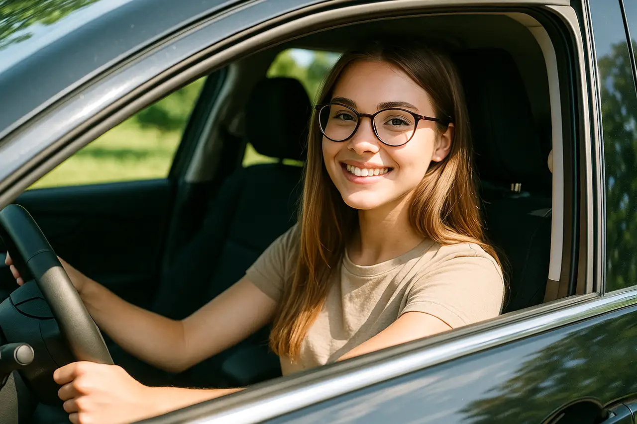 Junge Frau mit Brille sitzt lächelnd am Steuer eines Autos mit offenem Fenster