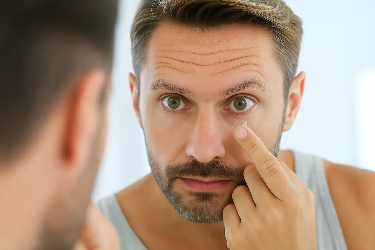 Mann setzt sich vor dem Spiegel eine Kontaktlinse ins Auge ein