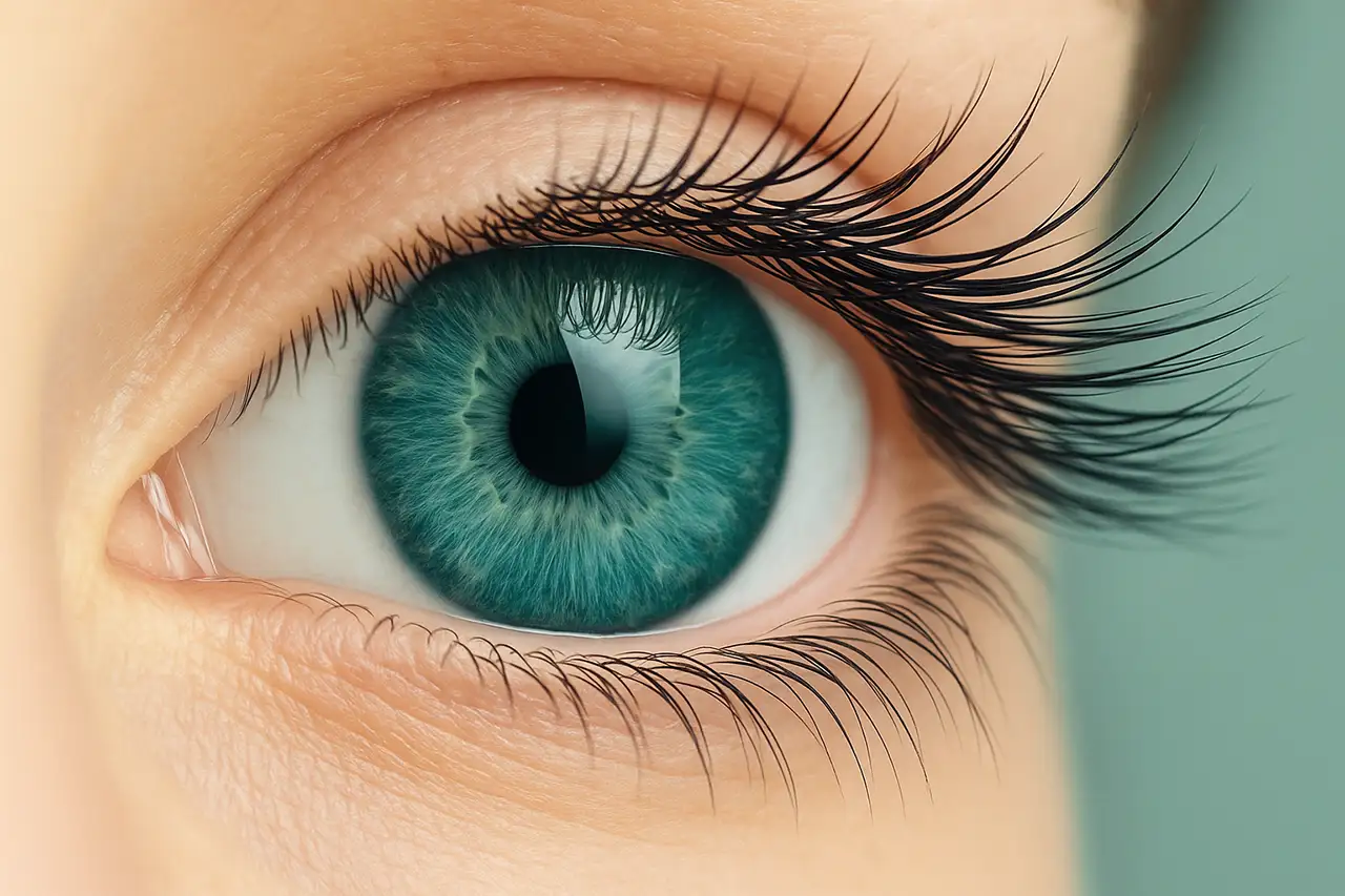 Makroaufnahme eines grünen Auges mit deutlicher Irisstruktur und langen Wimpern