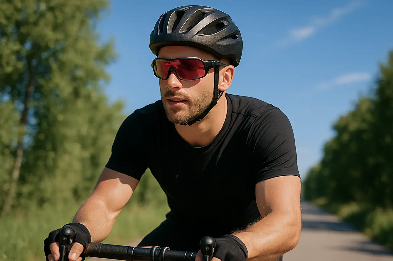 Mann mit Fahrradhelm und Sportbrille beim Radfahren auf einer Landstraße bei sonnigem Wetter